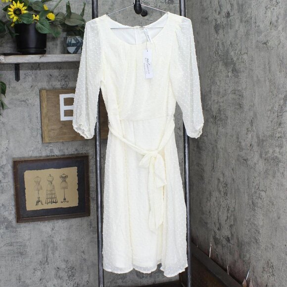 NWT Ny Collection Petite 3/4 Sleeve Clip Dot Dress PCCD0396C PL Egret Off White - Picture 2 of 5